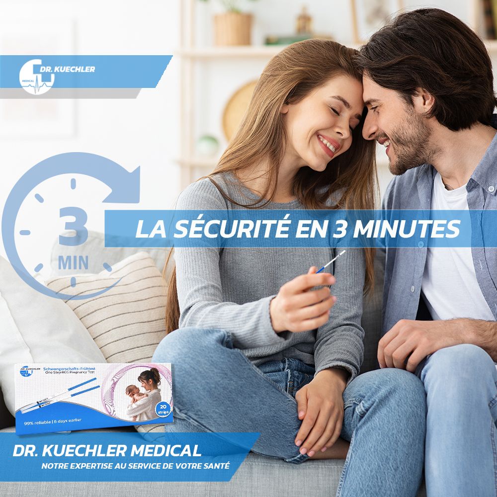 Couple heureux tenant un test de grossesse. "La sécurité en 3 minutes".
