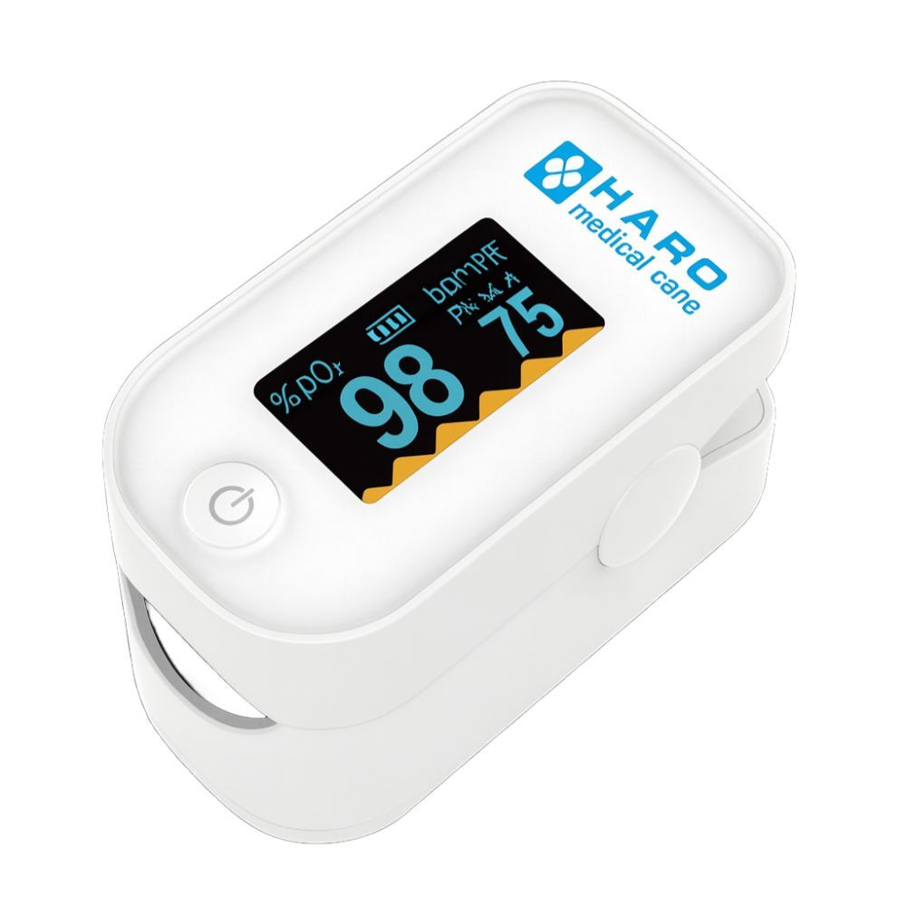 Witte vingerpulsoximeter met display. Toont SpO₂ en hartslag. Merk: HARO medical care.