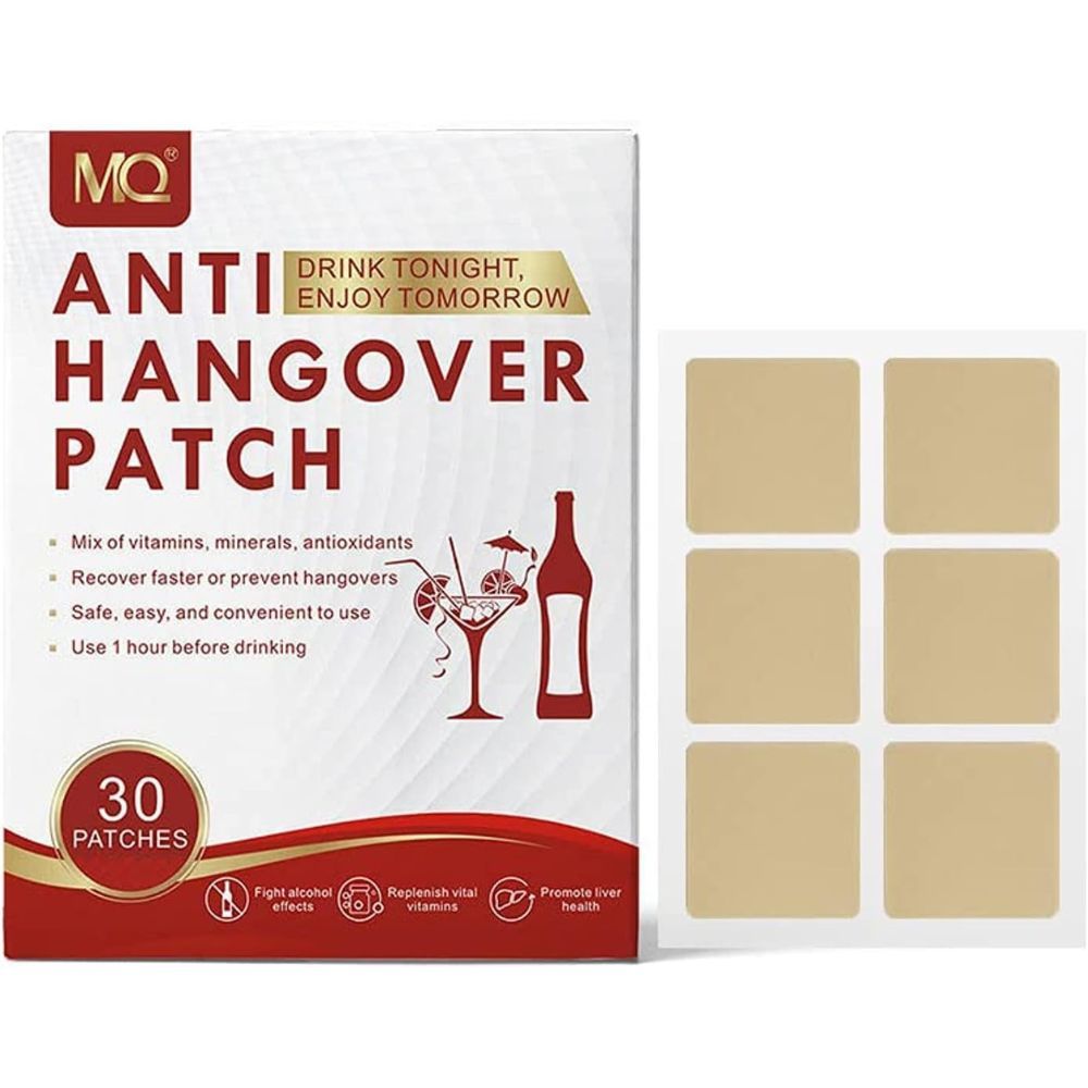 Boîte blanche avec MQ Anti Hangover Patch. 30 patchs. Six patchs carrés à côté. Texte et illustrations.