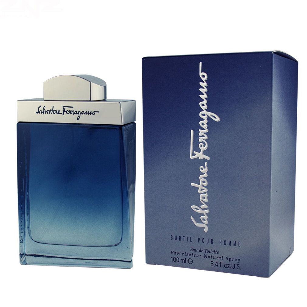 Salvatore Ferragamo Subtil Pour Homme Eau de Toilette Spray. Fles en verpakking. Blauwe kleurovergang.