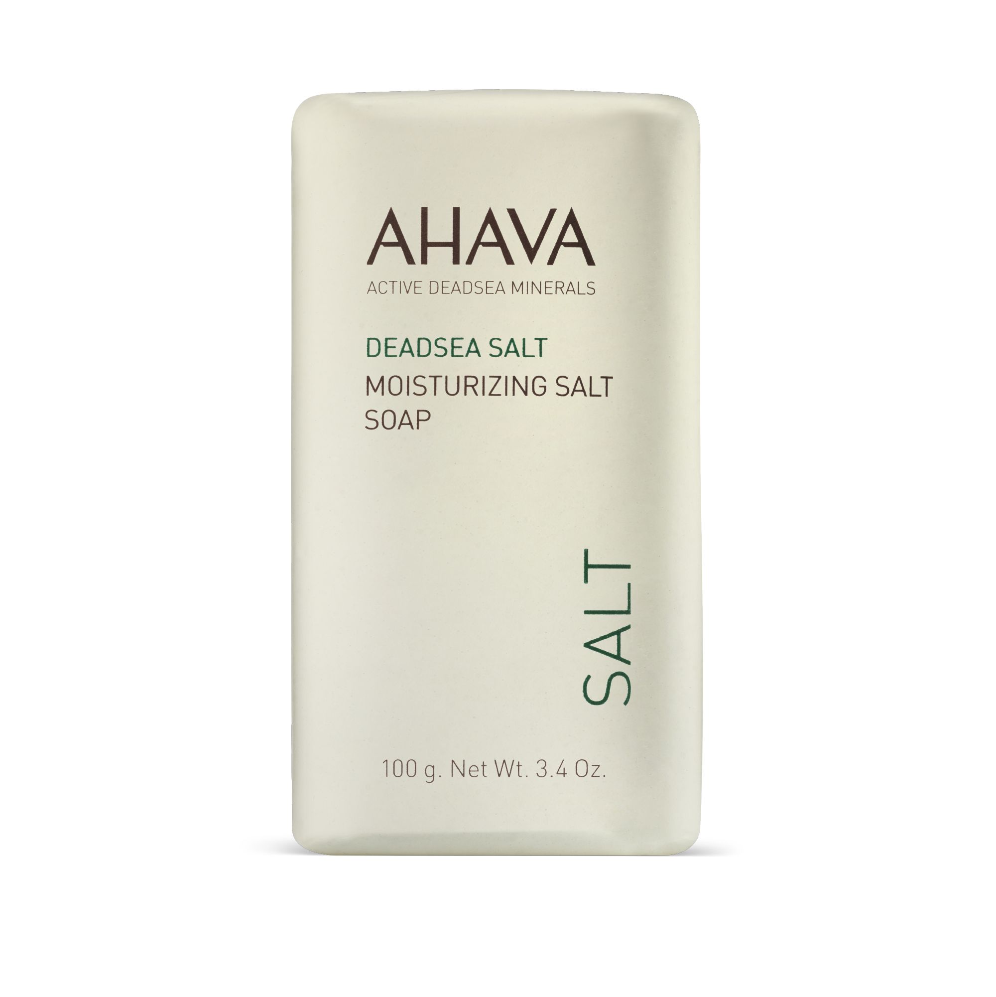 Savon AHAVA DEADSEA SALT. Emballage rectangulaire avec texte vert. Poids net: 100 g.