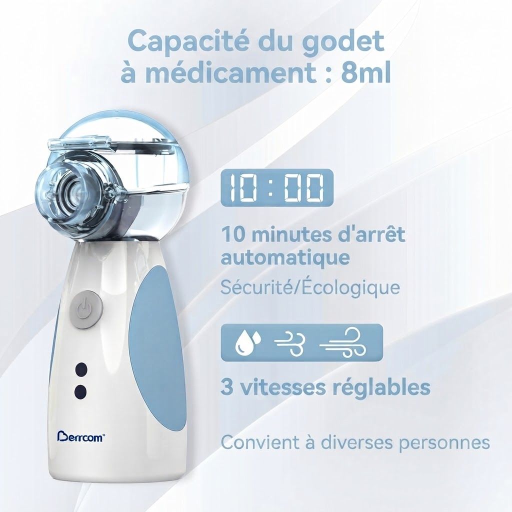 Un appareil nébuliseur portable de 8ml de capacité, avec affichage numérique et trois vitesses réglables.