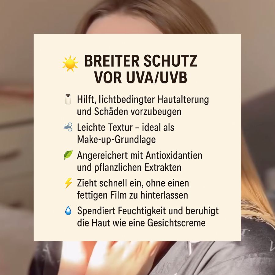 Texte d'informations : Protection UVA/UVB, aide à prévenir le vieillissement cutané, texture légère, antioxydants.