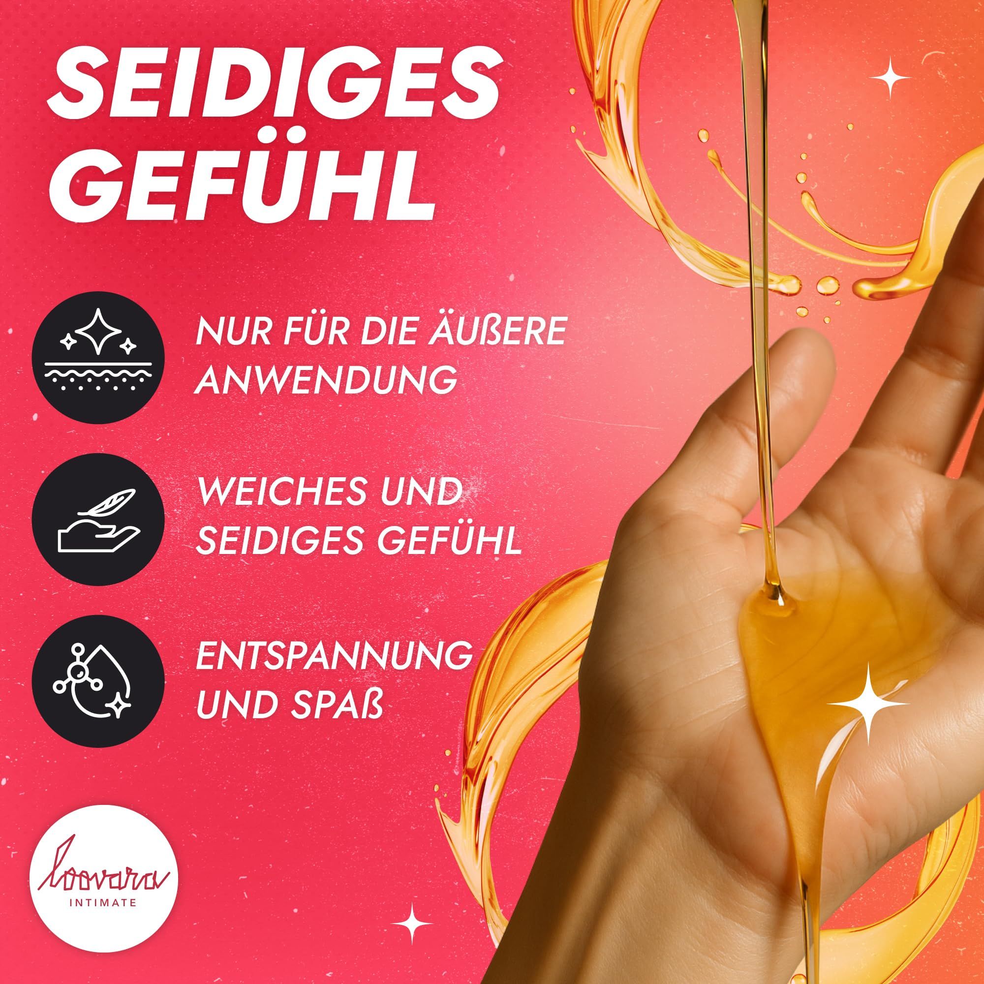 Vijf flessen massageolie met verschillende opschriften, waaronder "Happy Hand".