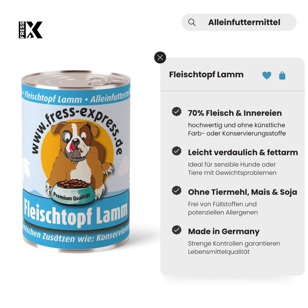 Hondenvoerblik met etiket. Tekst: Fleischtopf Lamm, www.fress-express.de, Premium kwaliteit. Sticker: hond met kom. Informatiebord: 70% vlees, licht verteerbaar, zonder granen.