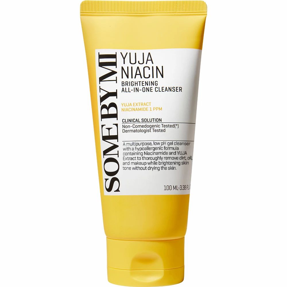 Gele tube gelreiniger. Opschrift: Yuja Niacin Brightening All-in-One Cleanser. Dermatologisch getest. 100 ml.