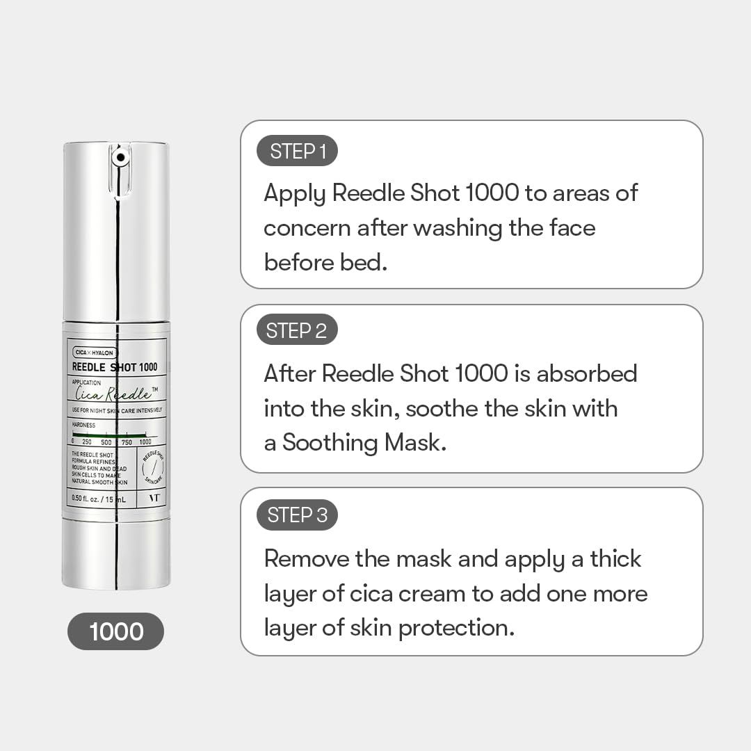 Flacon argenté avec étiquette blanche. Texte: Reedle Shot 1000. Instructions: appliquer, utiliser un masque, appliquer une crème. Logo 1000.