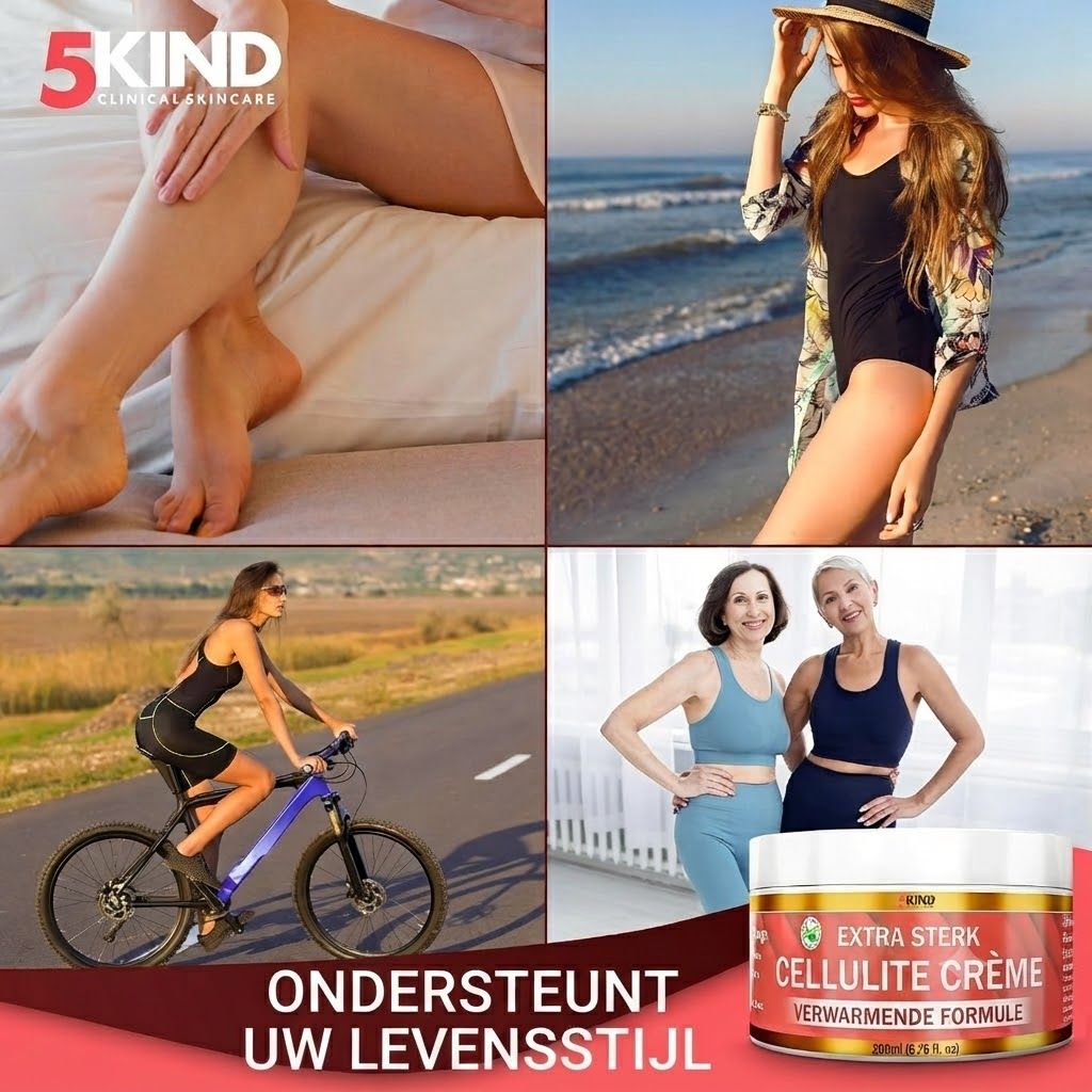 Collage van vier afbeeldingen: vrouw op bed, vrouw op strand, vrouw op fiets, twee vrouwen in sportschool. Pot met cellulite crème rechtsonder.