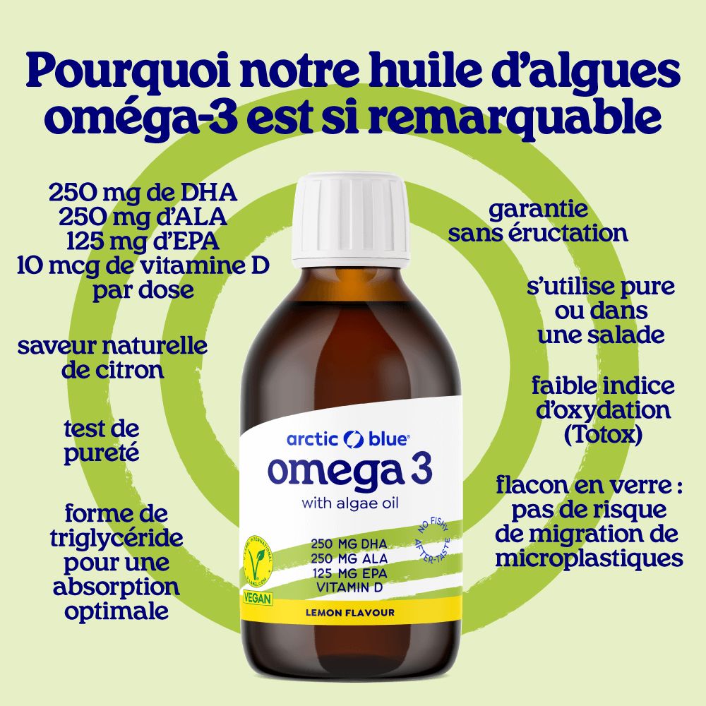 Bouteille d'huile d'algues Oméga 3 saveur citron, label V-Label Vegan et informations sur les ingrédients.