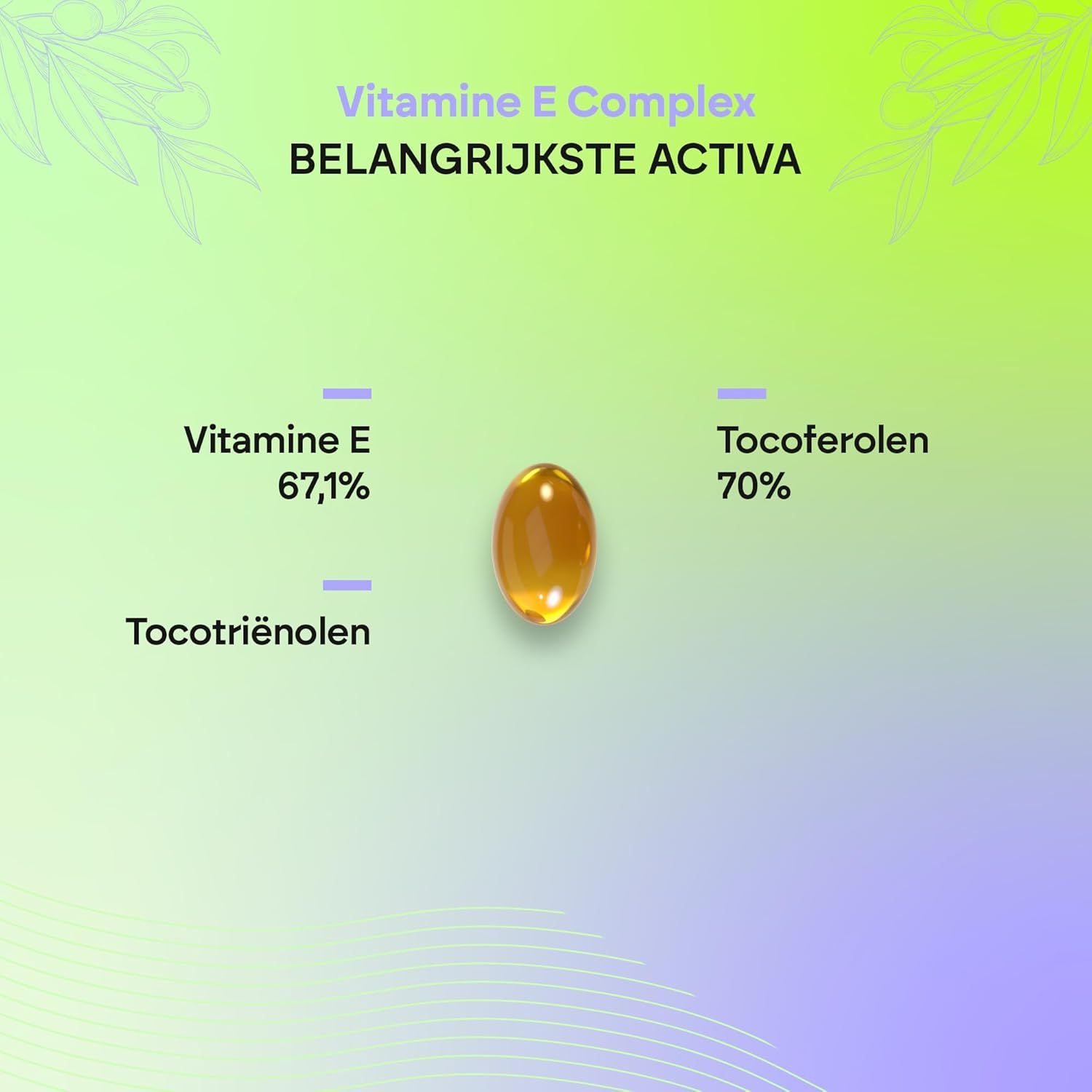 Een amberkleurige gelcapsule met Vitamine E Complex, 67,1% Vitamine E, 70% Tocopherolen en Tocotriënolen.