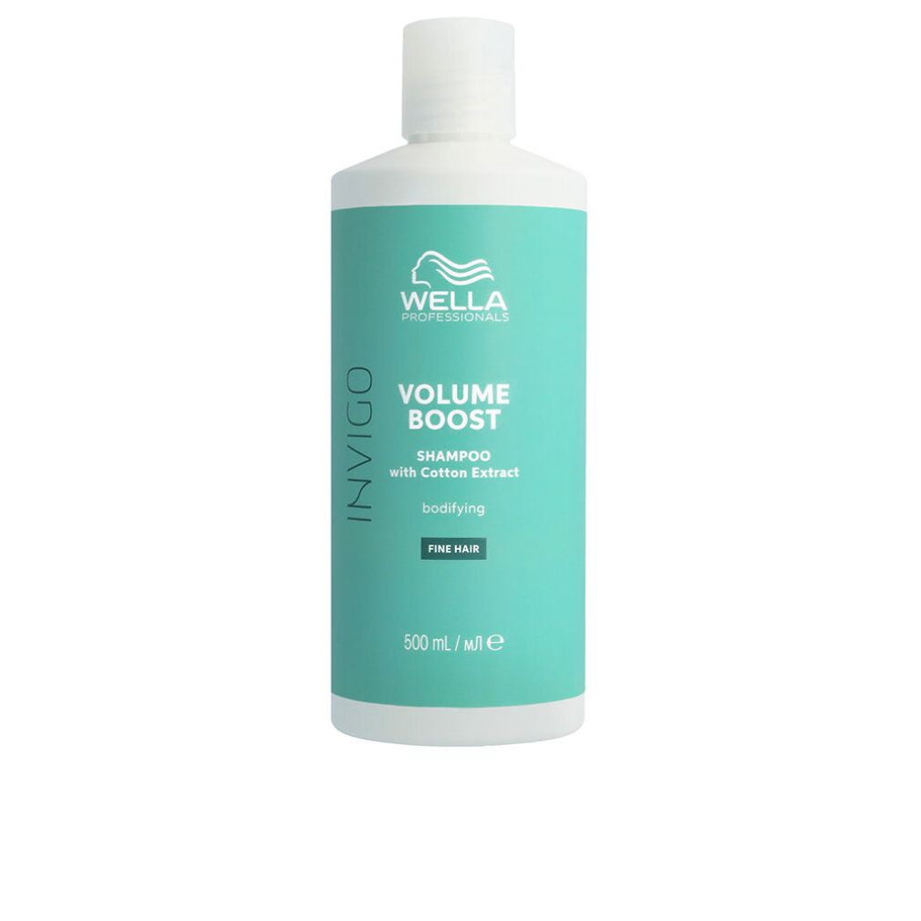 Shampoo fles met witte dop. Opschrift: Wella Professionals, Volume Boost, Shampoo with Cotton Extract, bodifying, Fine Hair.