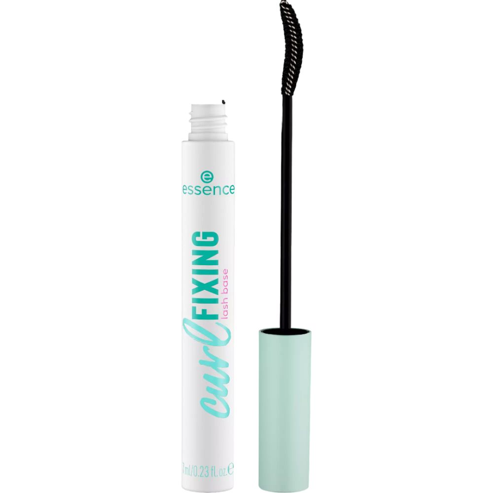 Brosse de mascara blanche avec capuchon vert clair et texte. À côté, un tube de mascara avec texte.