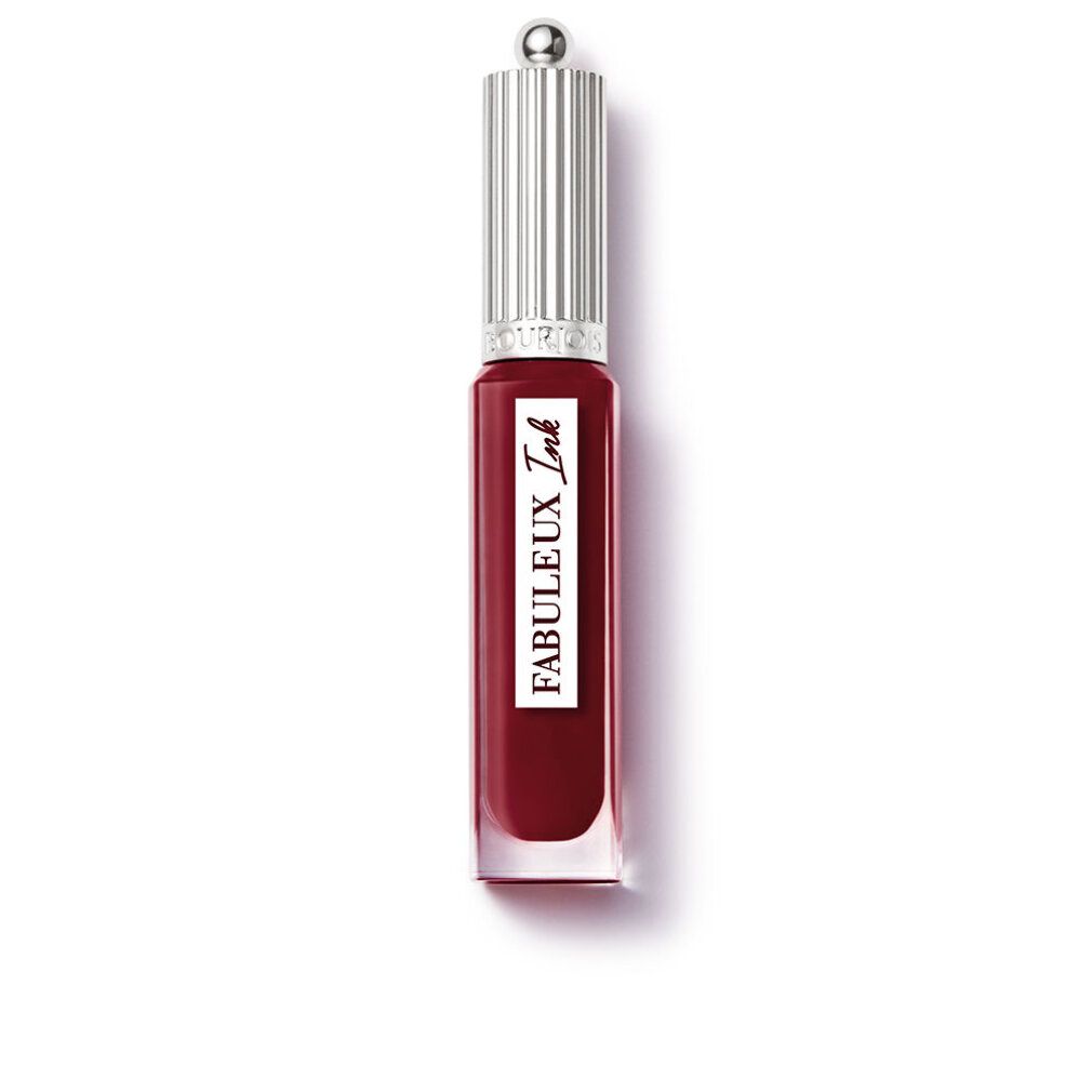 Bourjois Paris Fabuleux Ink 05 Berry'Tale Romance. Flacon de liquide rouge foncé, bouchon argenté. Étiquette blanche avec texte.