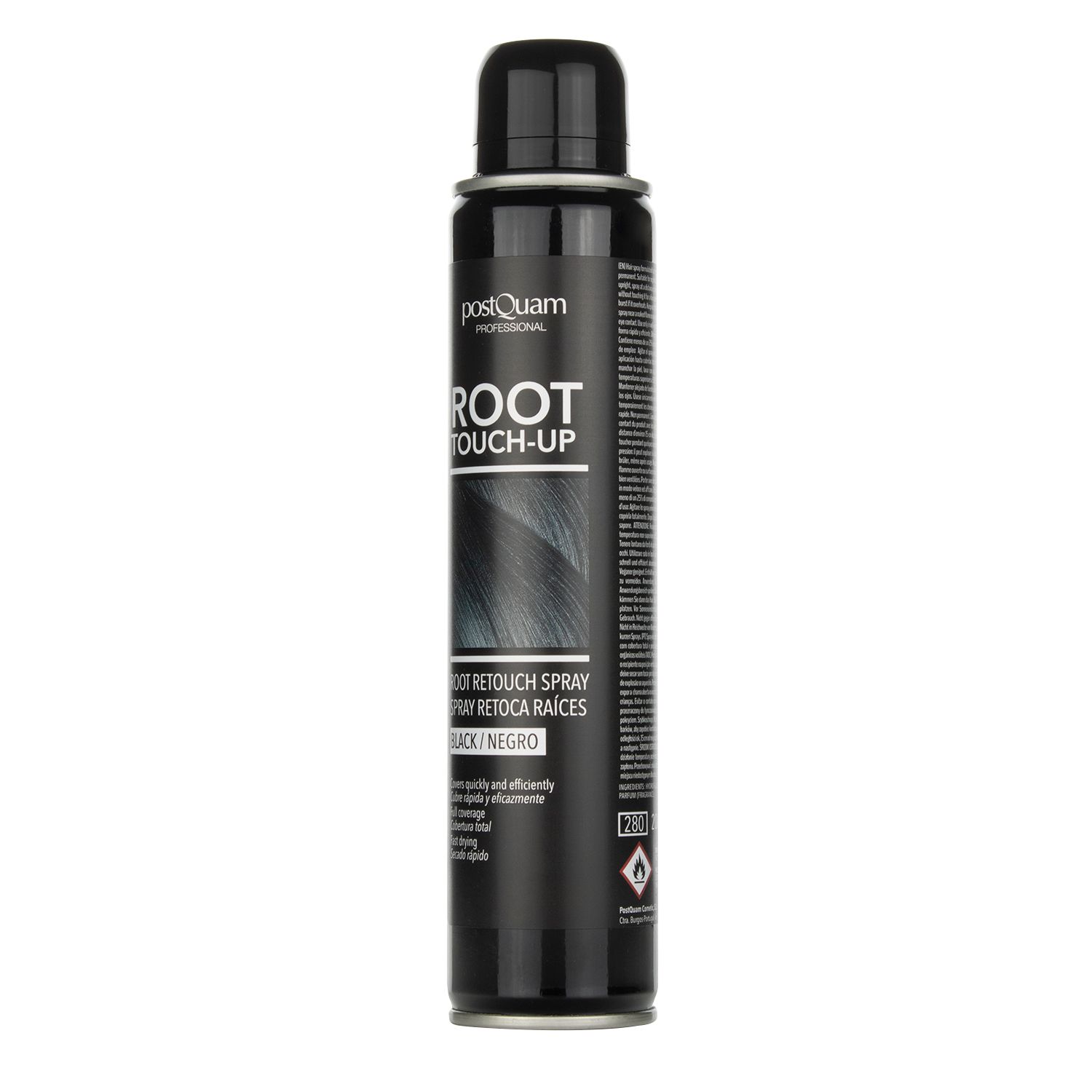 Zwarte wortel touch-up spray. Cilindrische zwarte bus met zwarte dop. Productnaam en tekst op het etiket.