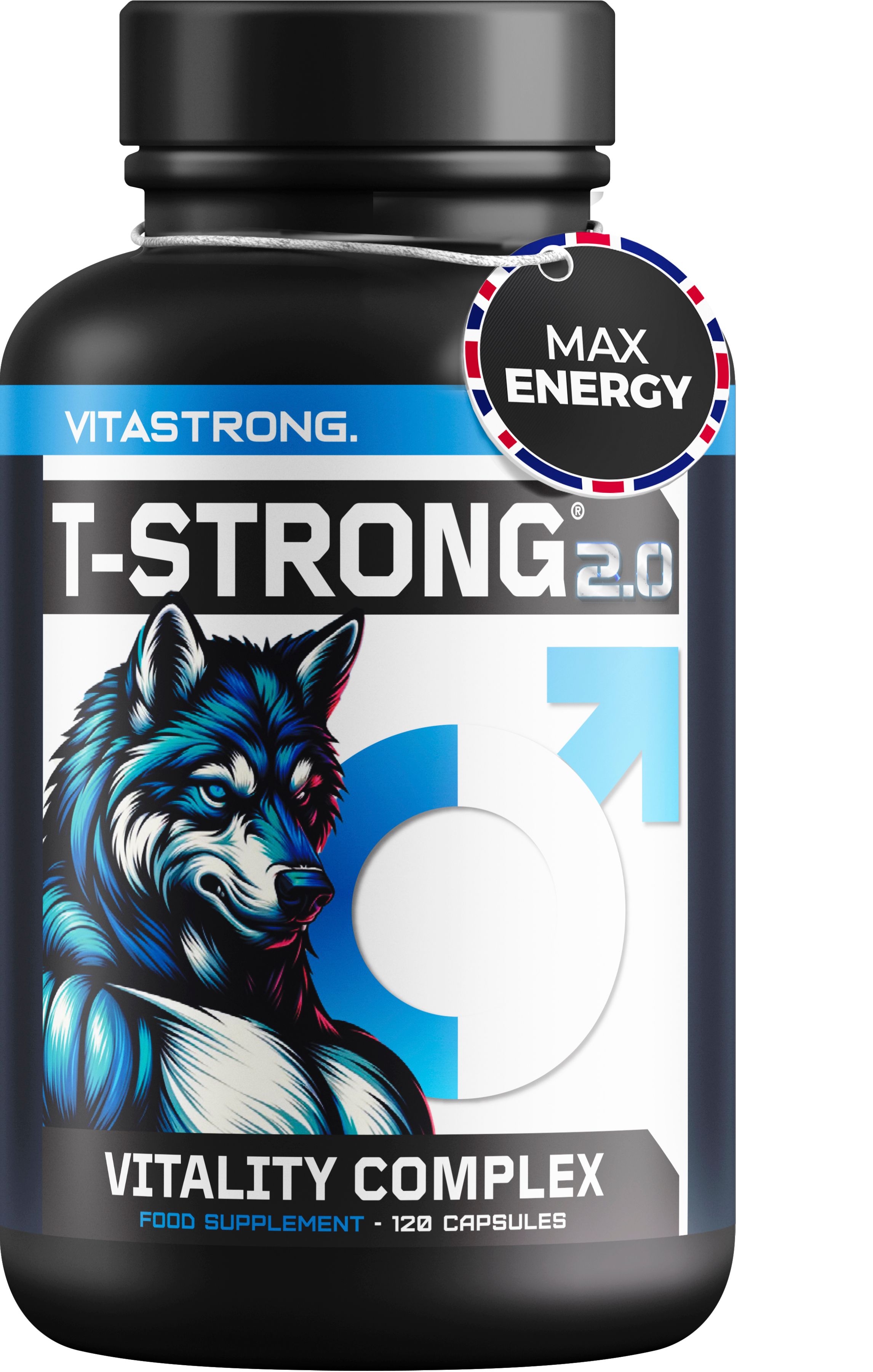 Vitastrong T-STRONG 2.0, zwarte fles met capsules. Opschrift: Vitality Complex, 120 capsules.