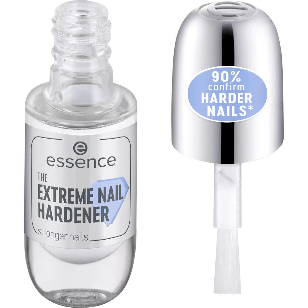 Nagelverharder flesje en dop met borstel. Label met tekst: "THE EXTREME NAIL HARDENER". Blauwe tekst: "90% confirm HARDER NAILS*". 
