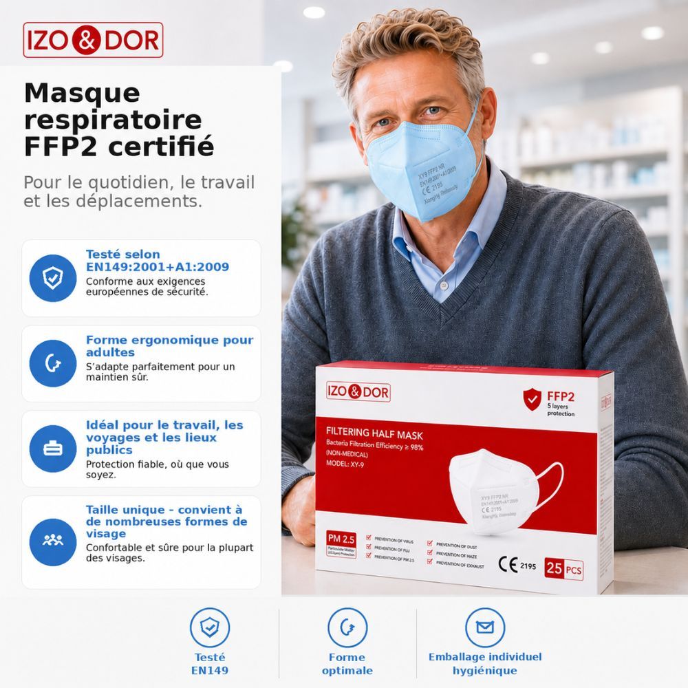Femme avec masque FFP2 NR bleu clair. Protection 5 couches, certifié CE, emballé individuellement, confort de port.