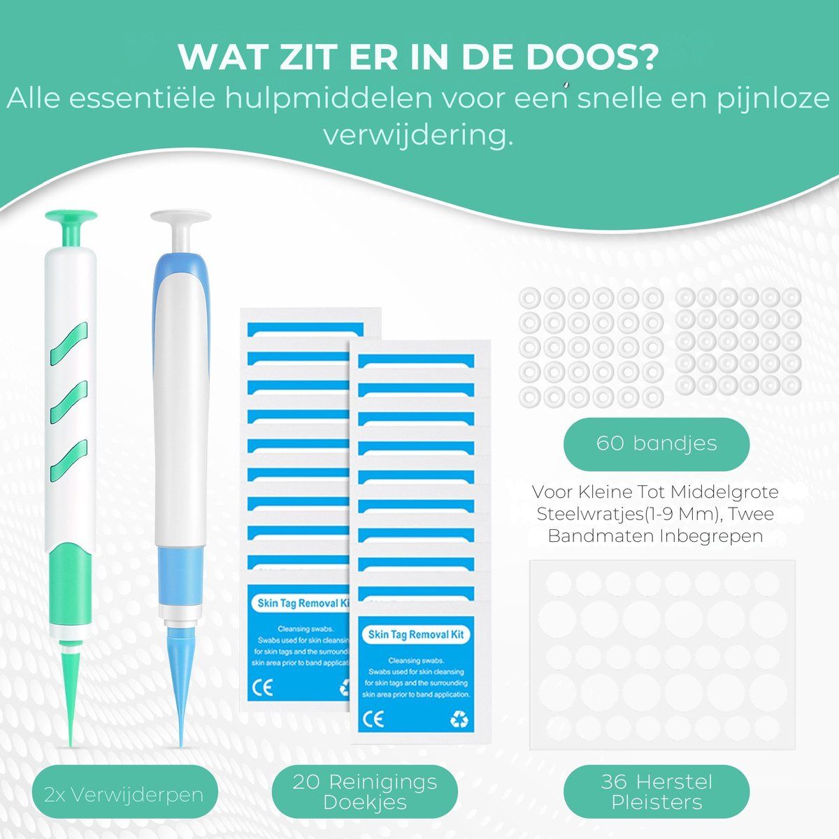 Kit met 2 pennen, doekjes, pleisters en bandjes. Voor huidlabels. CE-markering.