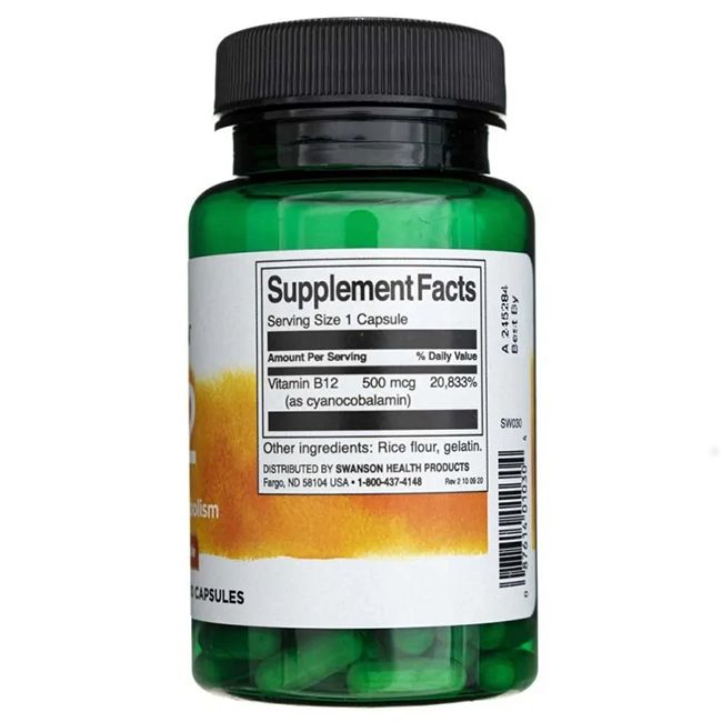 Flacon vert avec bouchon noir. Dos avec informations nutritionnelles et ingrédients. Contient de la vitamine B12.