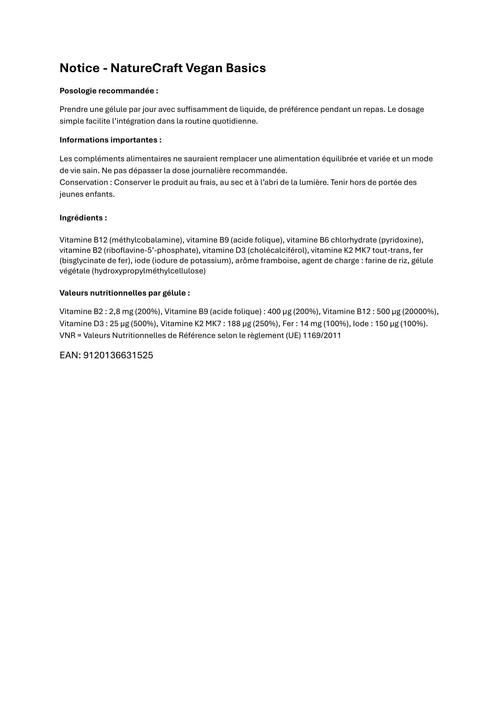 Document texte. Texte : NatureCraft Vegan Basics, posologie, ingrédients, valeurs nutritionnelles. EAN : 9120136631525.