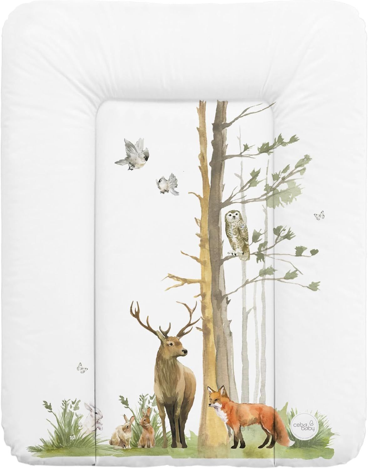 Witte aankleedkussen met bosdierenmotief. Hert, vos, uil, vogels en bomen op witte achtergrond. Afgeronde randen.