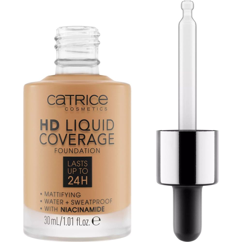 Fond de teint liquide Catrice HD Coverage en flacon avec pipette. Inscription: Matifiant, résistant à l'eau, à la transpiration, avec Niacinamide.