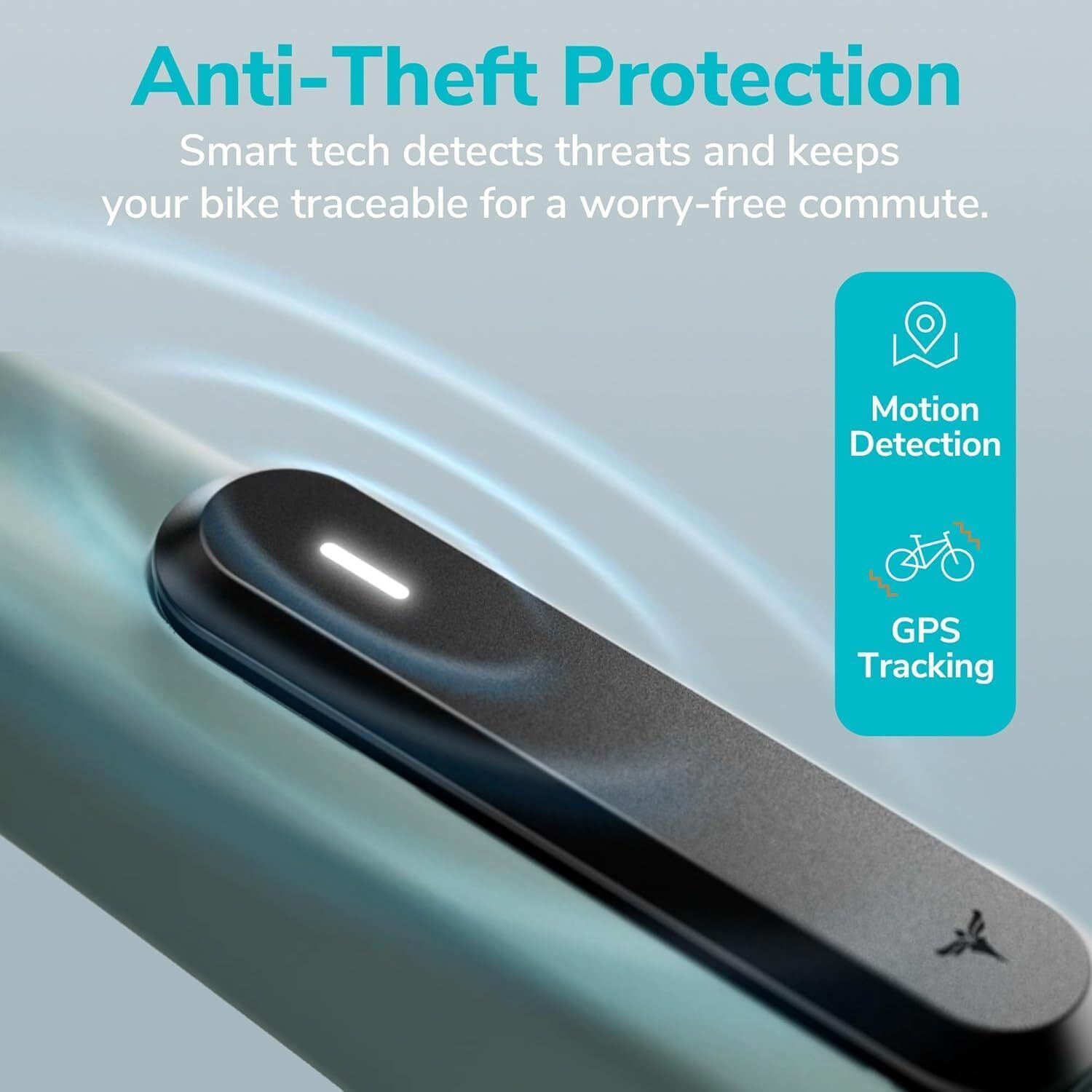 Close-up van een zwart deel van de e-bike met tekst: Anti-Theft Protection. Pictogrammen voor bewegingsdetectie en GPS-tracking.