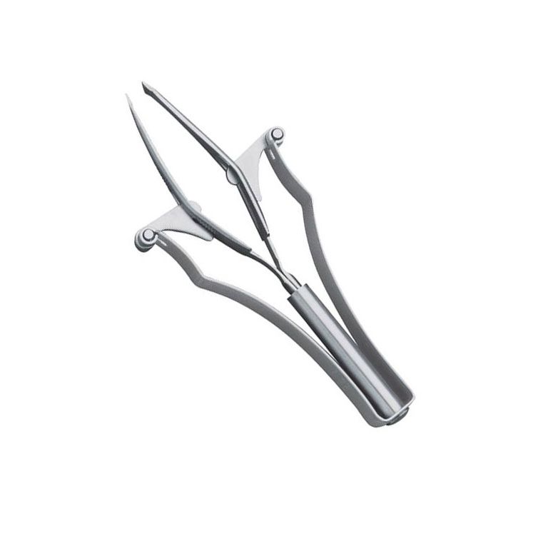 Automatische pincet van metaal. Gebogen punten en een hefboommechanisme op de handgreep.