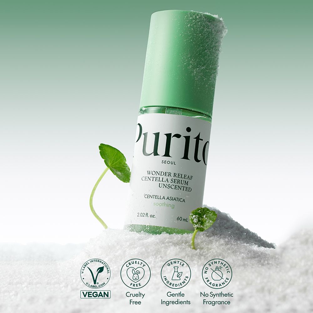 Groene fles met groene dop. Opschrift: PURITO, Centella Asiática, Unscented Serum. Vegan keurmerk.