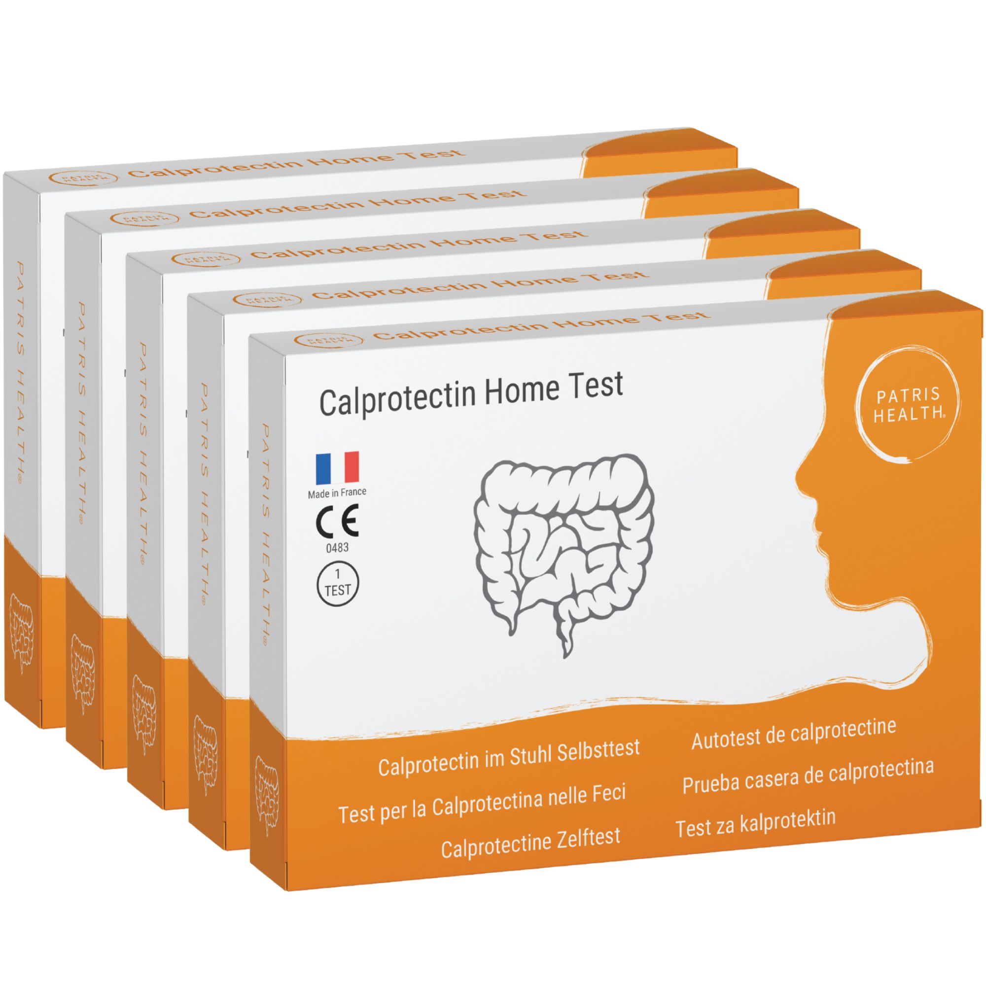 Meerdere verpakkingen Calprotectine Home Test. Dozen met productnaam, logo, CE-markering en meertalige informatie.