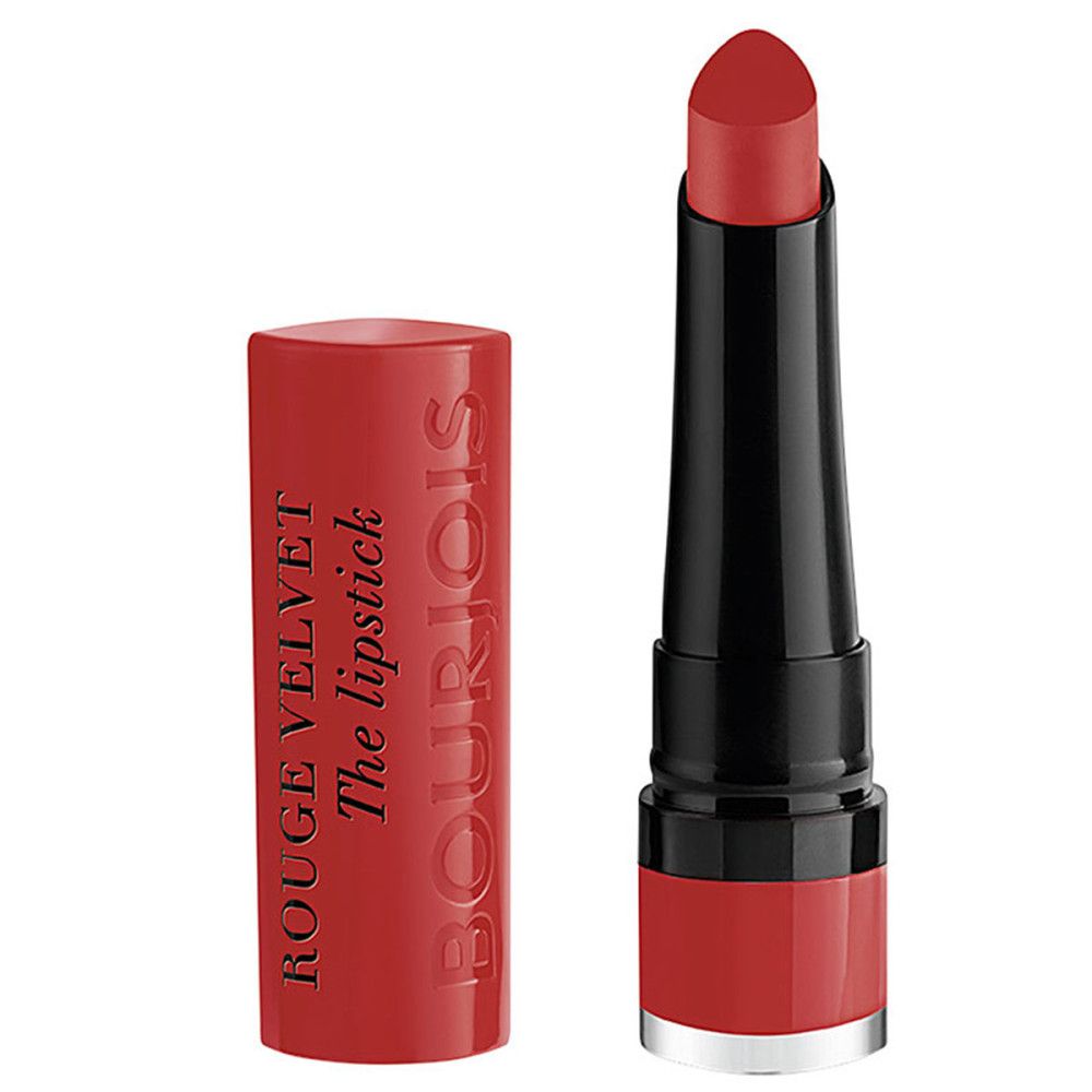 Bourjois Rouge Velvet The Lipstick, ouvert. Rouge à lèvres rouge à côté de son étui ouvert.