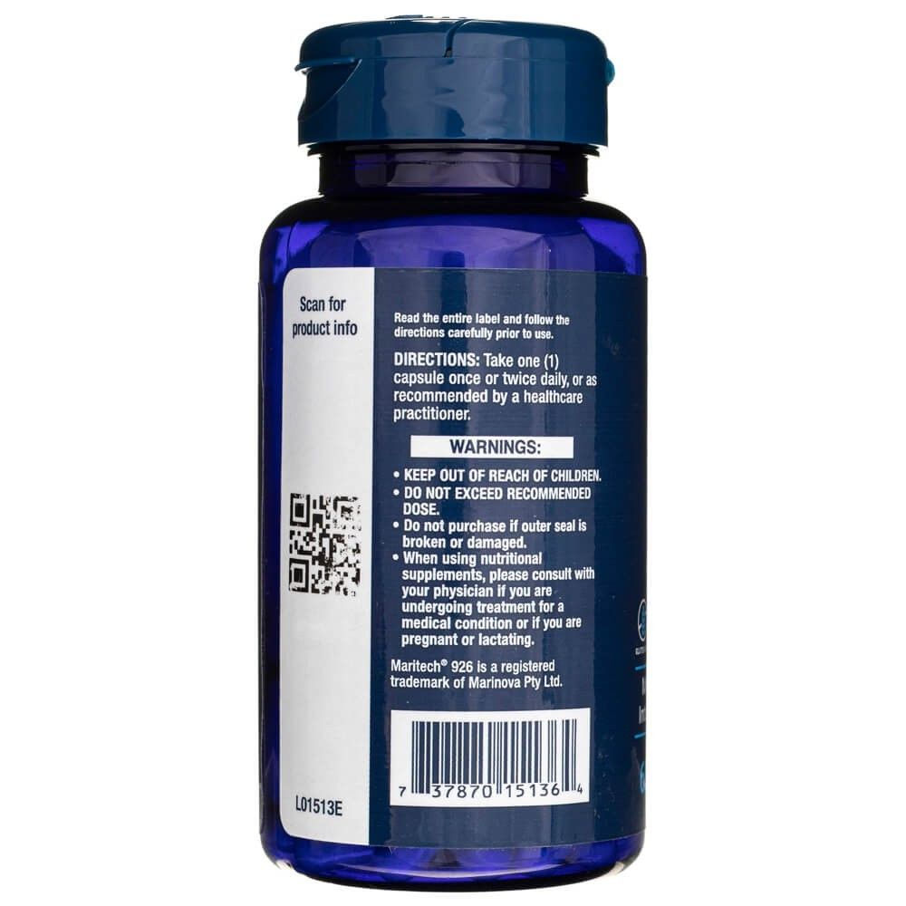 Arrière du flacon bleu Life Extension Optimized Fucoidan. Comprend les instructions, les avertissements et le code-barres.
