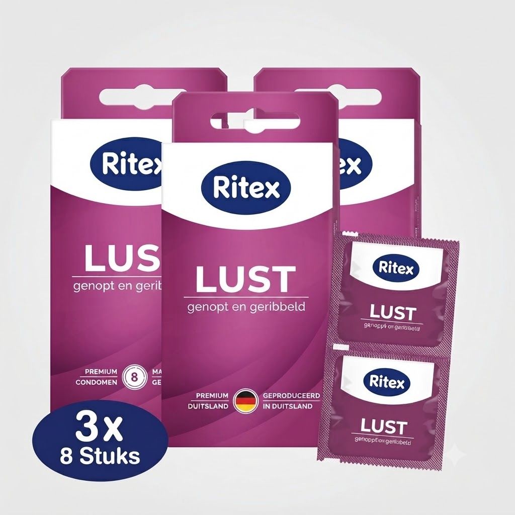 Ritex LUST condooms: Genopt en geribbeld. Lengte ca. 190 mm, Nominale breedte ca. 55 mm, Dikte: Dik.