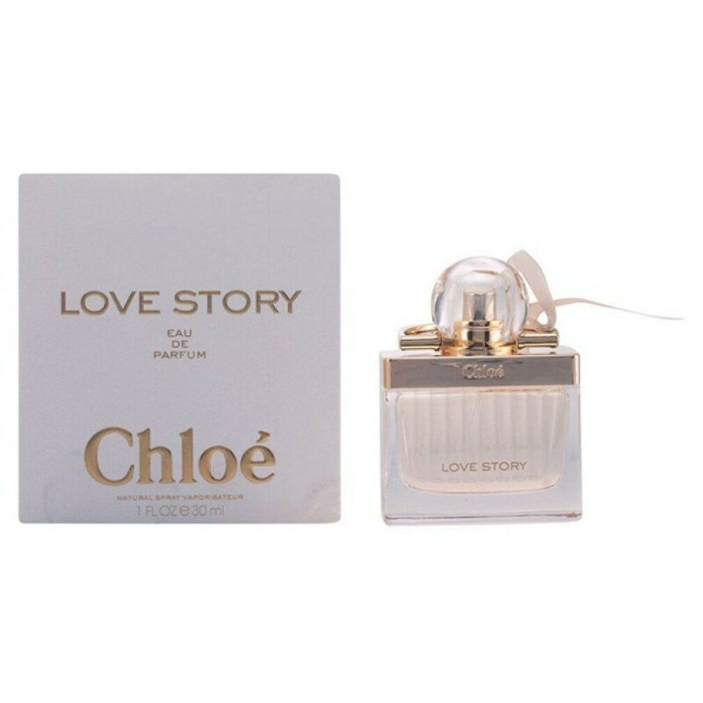 Flacon et boîte de parfum. "Love Story" et "Chloé" sur la boîte. Le flacon est de forme carrée.