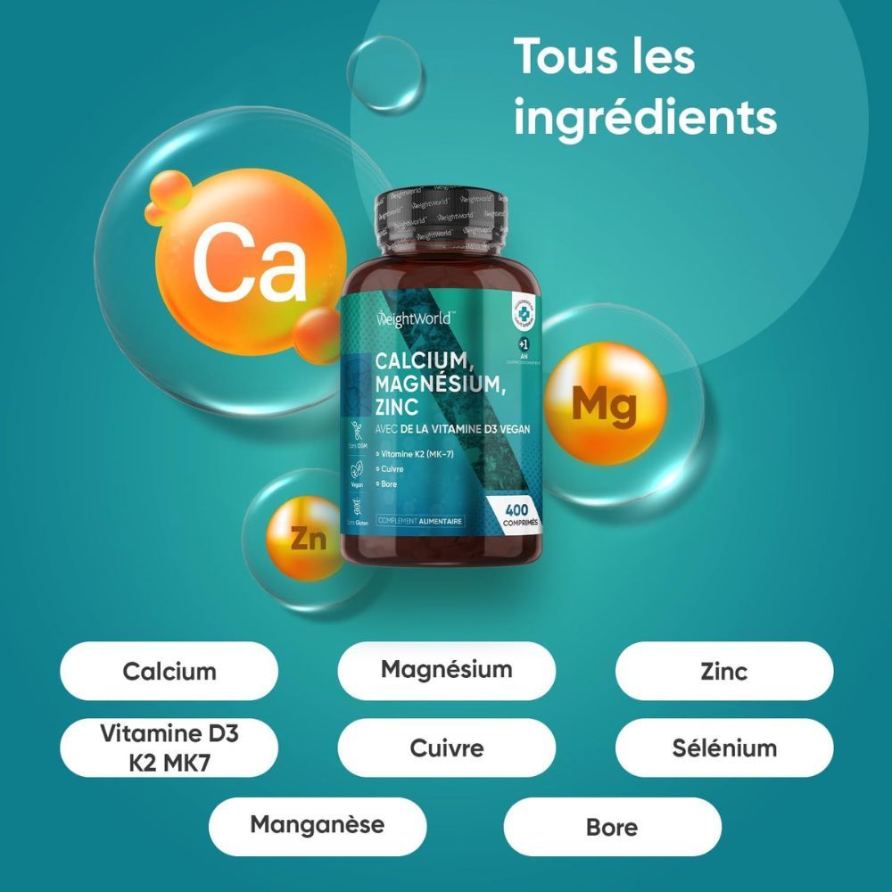Flacon WeightWorld Calcium, Magnésium, Zinc. Ingrédients : Calcium, Magnésium, Zinc, Vitamine D3, K2, Cuivre, Manganèse, Sélénium, Bore. 400 comprimés.