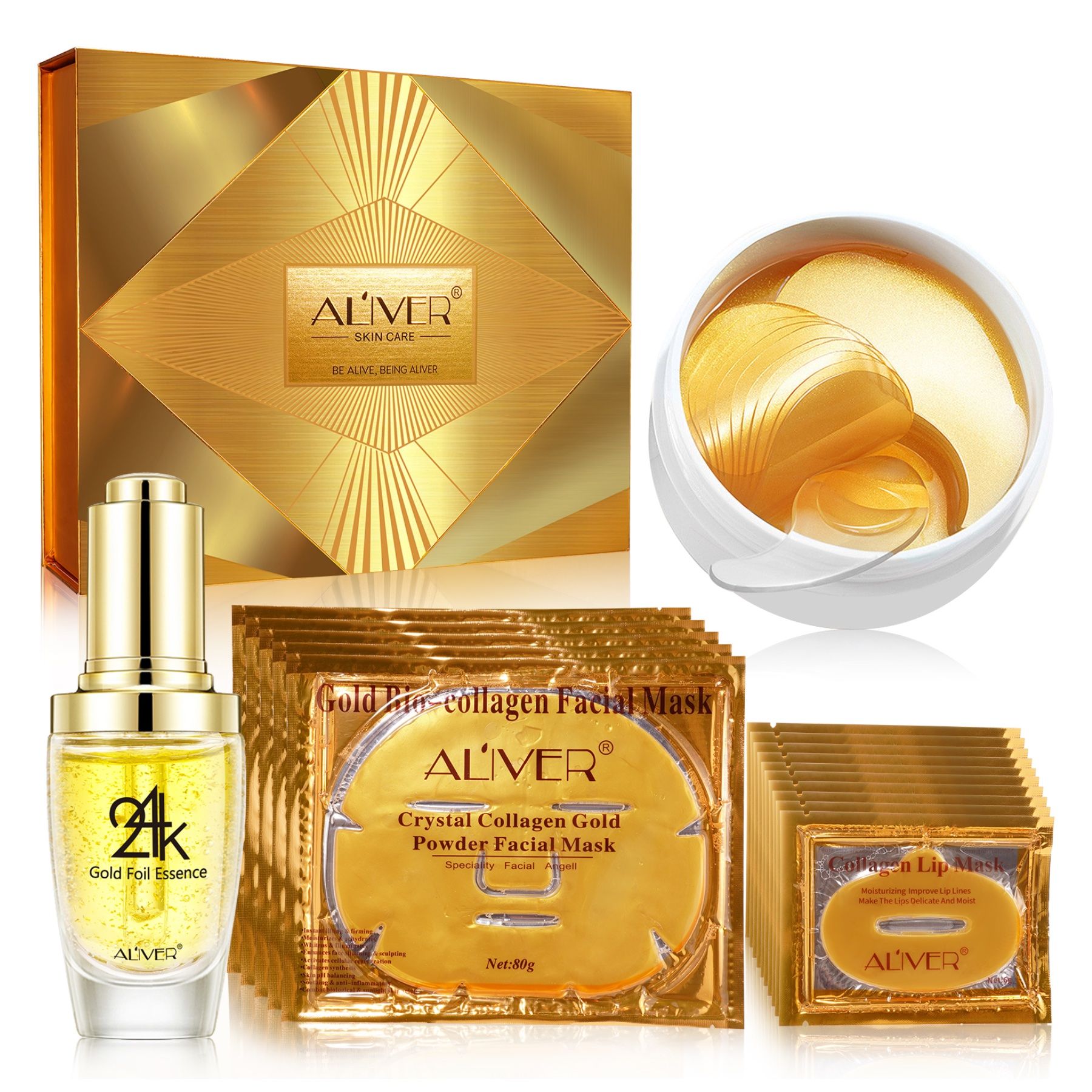 Gouden geschenkset met producten. Bevat gezichtsmaskers, oogpads en essence. Opschrift: ALIVER.