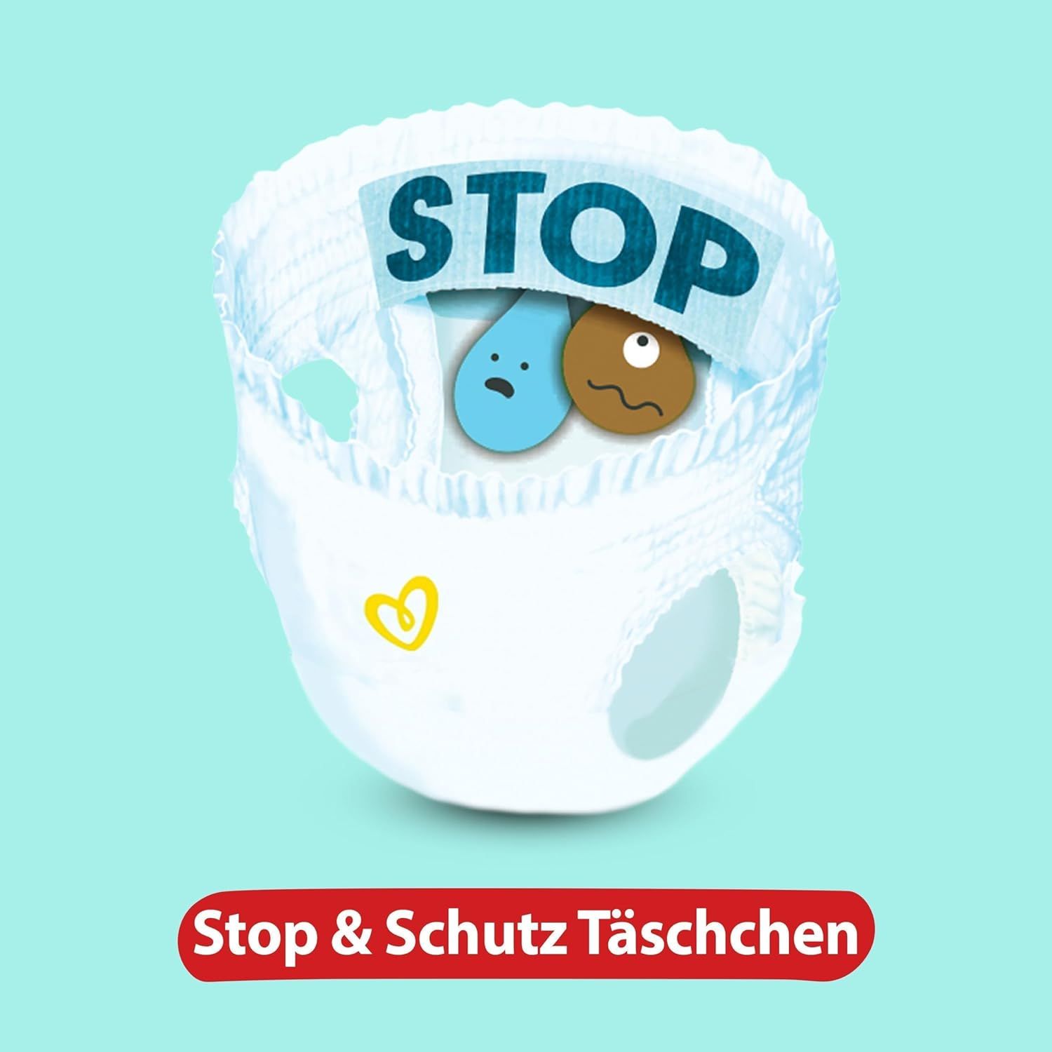 Pampers Pants avec Stop & Protection. Illustration de larmes. Inscription : Stop & Schutz Täschchen.