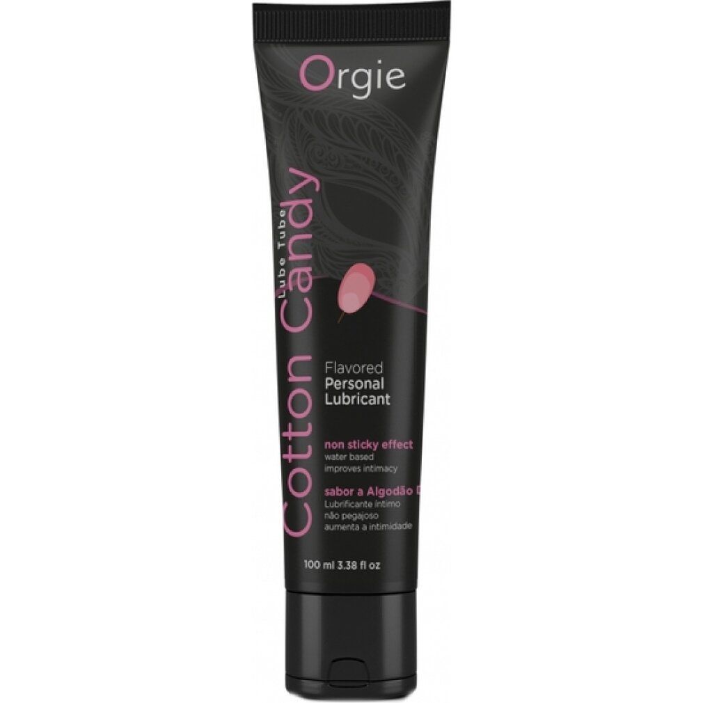 Zwarte tube met "Cotton Candy" en "Orgie". Roze tekst en logo. 100 ml.