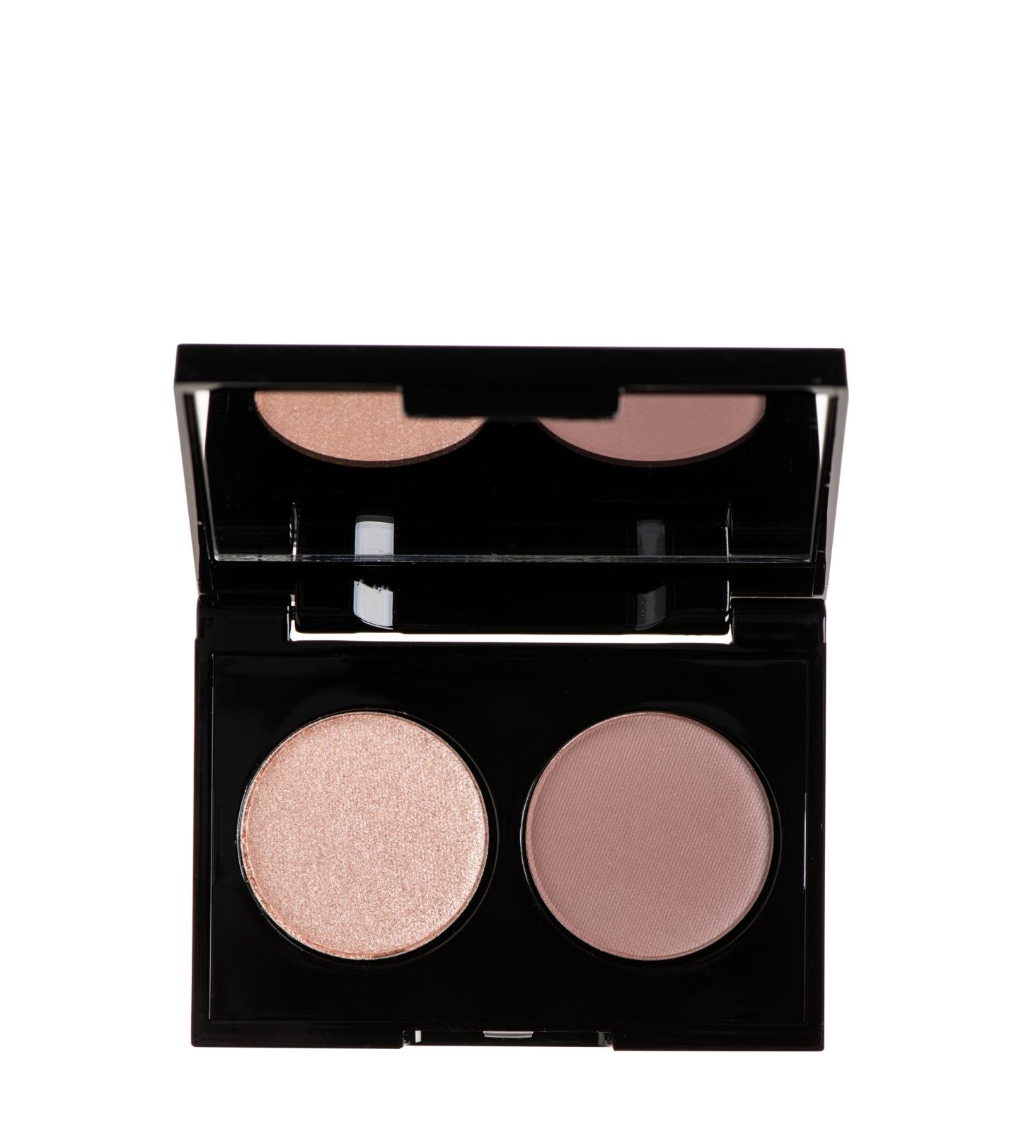 Palette de fards à paupières noire avec deux godets ronds. L'un scintillant, l'autre mat. Un miroir est intégré dans le couvercle.