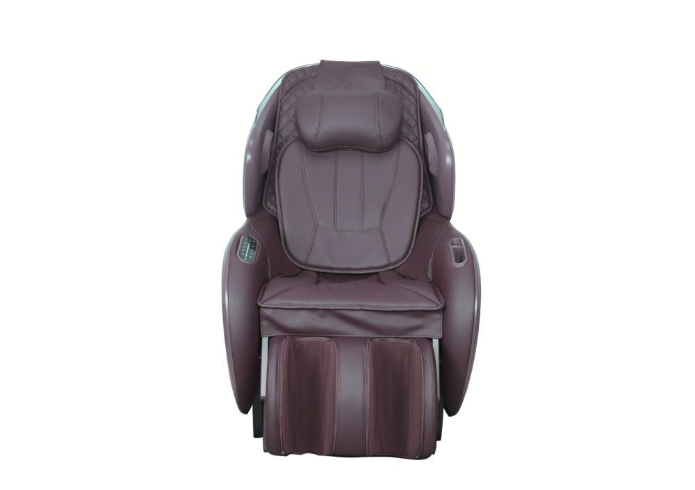 Fauteuil de massage en similicuir marron, appui-tête, accoudoirs, repose-pieds. Vue de face.