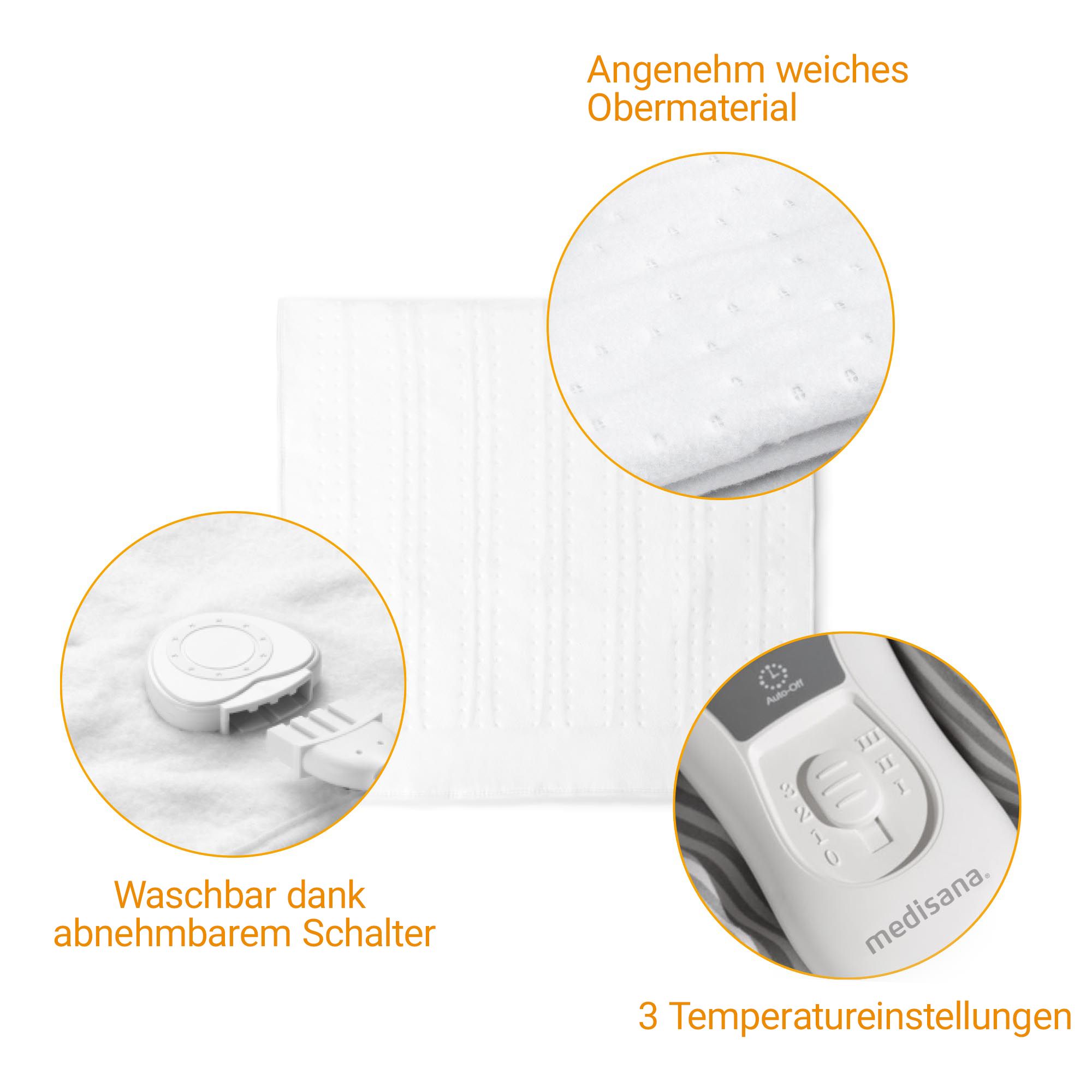 Close-up van de bediening van een medisana verwarmde matrasovertrek met aanduidingen veiligheid, wasbaar, Watt en automatische uitschakeling.