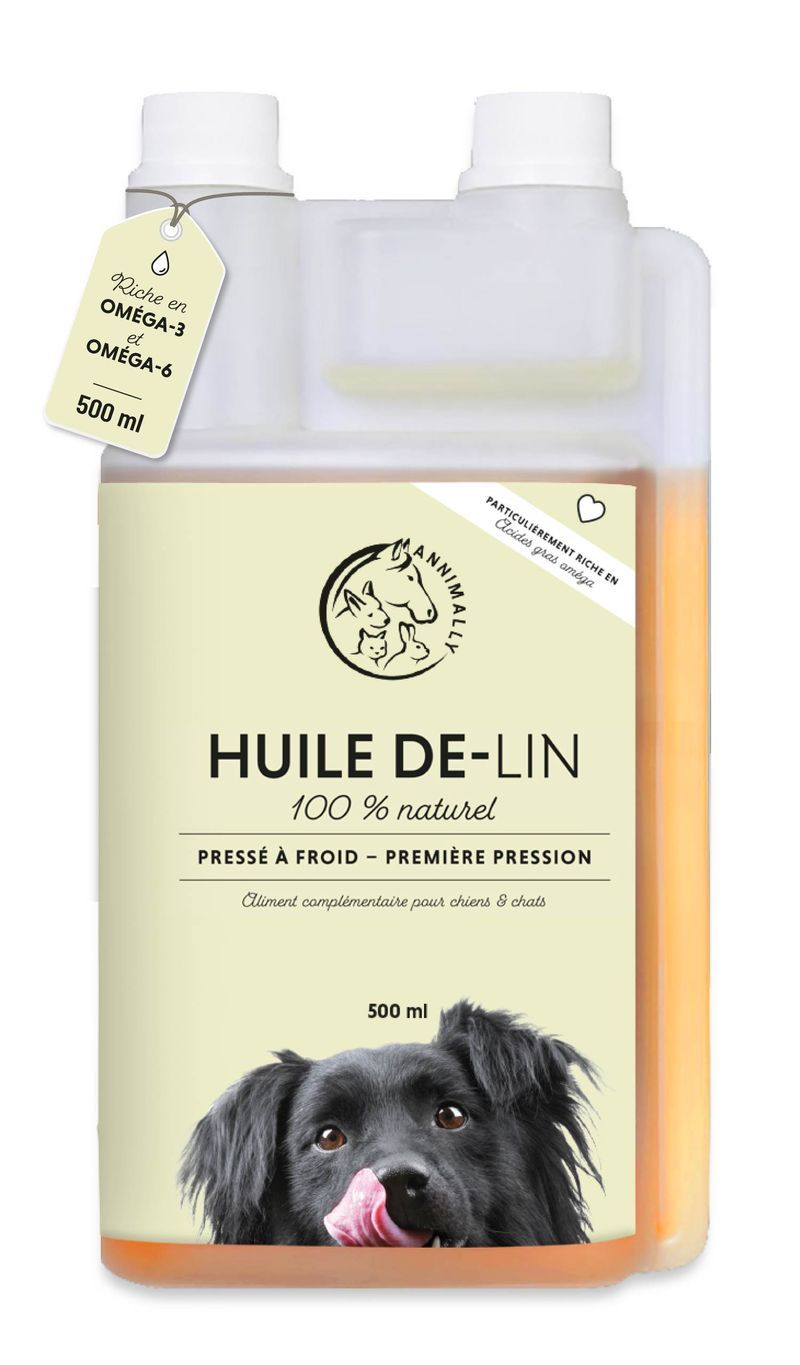 Chien avec gamelle. Recommandations alimentaires pour chiens, chats et chevaux. Contenu : 500 ml.