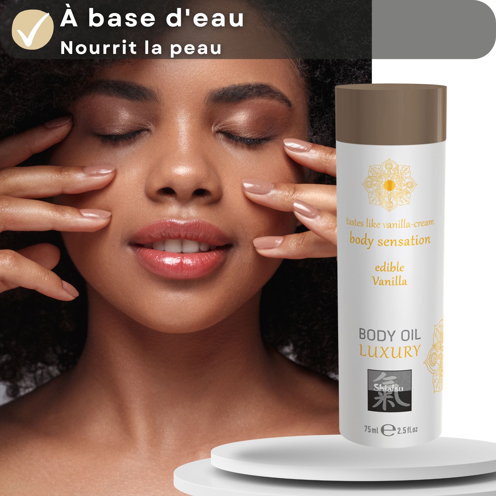 Femme yeux fermés, mains sur le visage, huile Shiatsu.