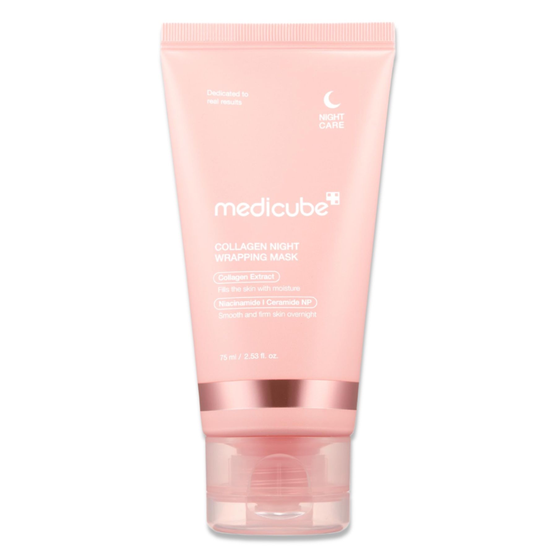 Roze tube met "medicube"-logo en productnaam. Bevat Collagen Night Wrapping Mask. Nachtverzorgingssymbool.