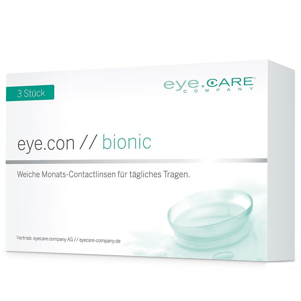 Witte verpakking met groene accenten. Opschrift: eye.con // bionic, 3 stuks, eye.CARE company. Contactlensdoos.