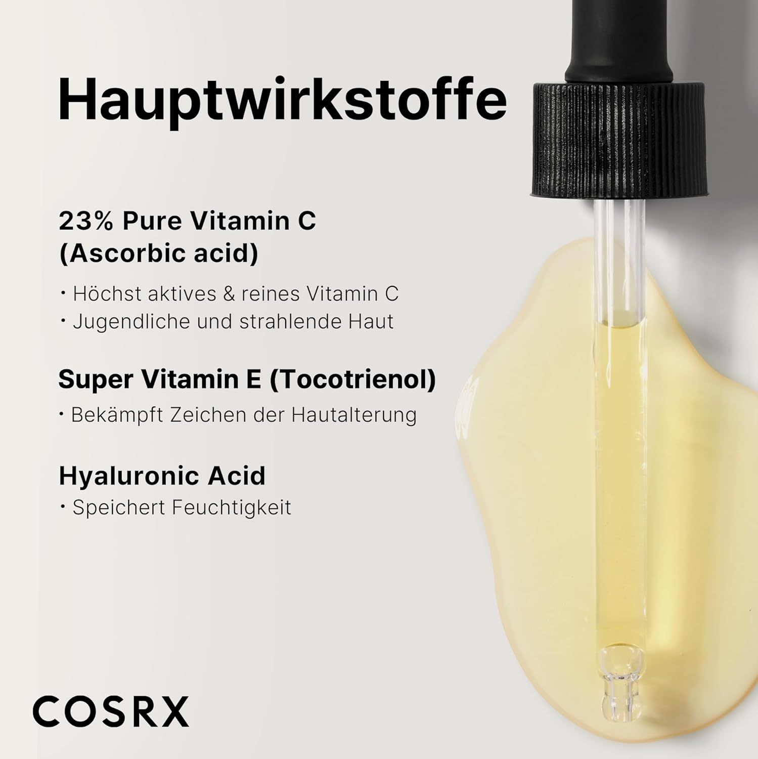 Liquide jaune sur une surface. Texte : 23% Pure Vitamin C, Super Vitamin E, Acide Hyaluronique. Logo COSRX en bas.