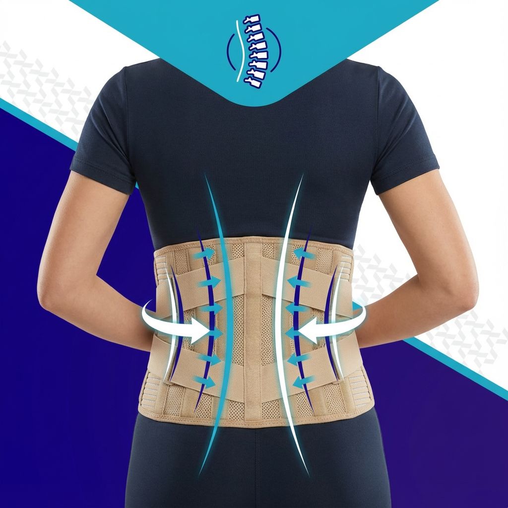 Rugband op rug van persoon. Pijlen geven ondersteuning aan.