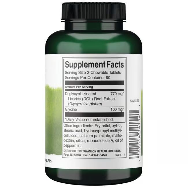 Achterkant van de groene fles. Wit etiket met voedingswaarde-informatie. Bevat: Deglycyrrhizinede zoethoutwortelextract, glycine. 90 porties.
