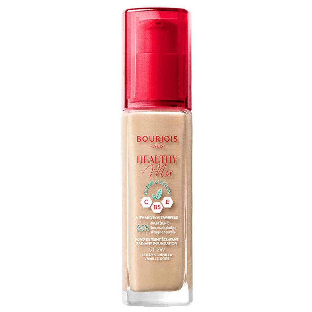 Flacon de fond de teint Bourjois Healthy Mix. Liquide beige, bouchon pompe rouge. Texte: Healthy Mix, 51,2W.