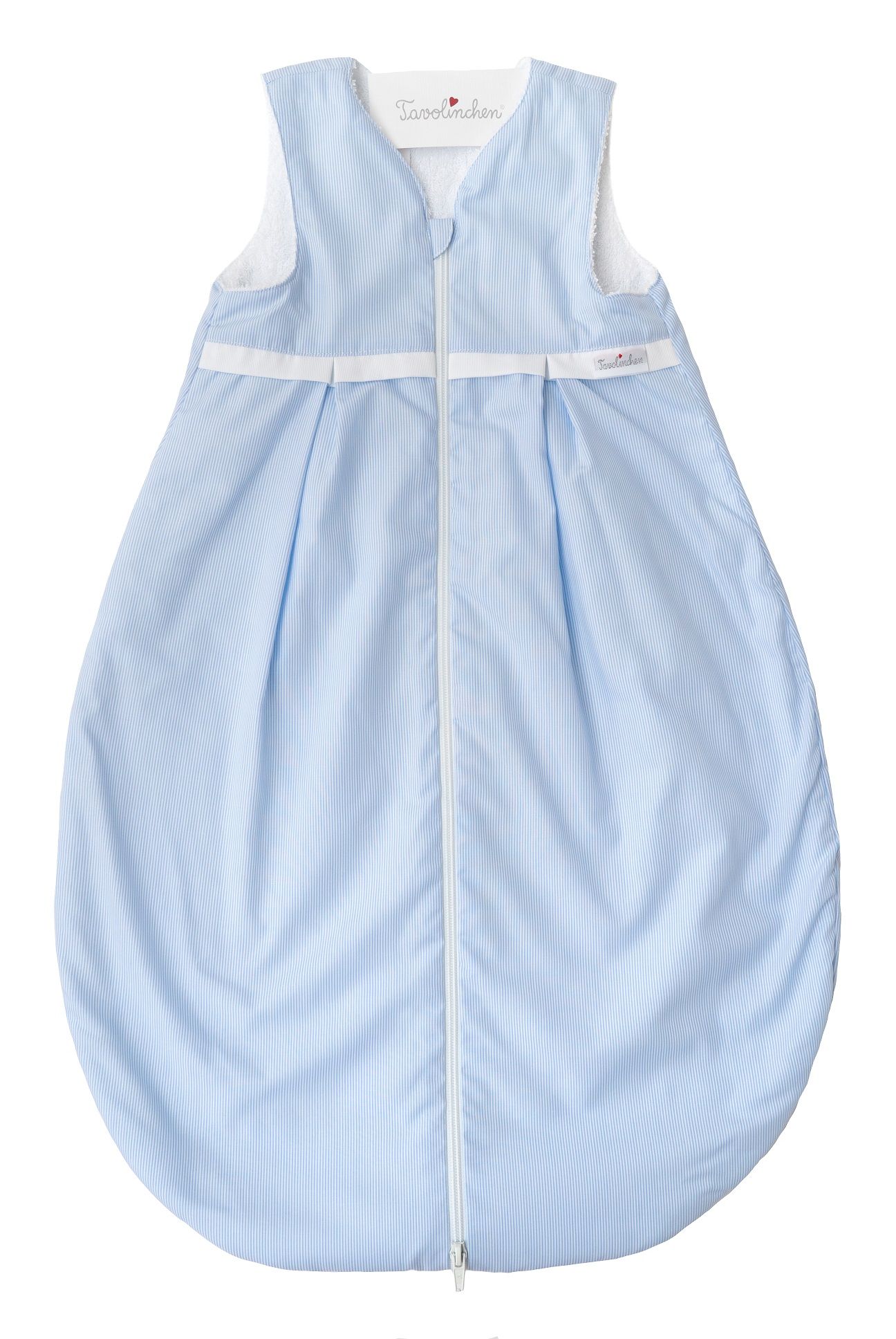 Gigoteuse bleu clair avec fermeture éclair et bordure blanches. Intérieur en éponge blanche. Marque Tavolinchen.